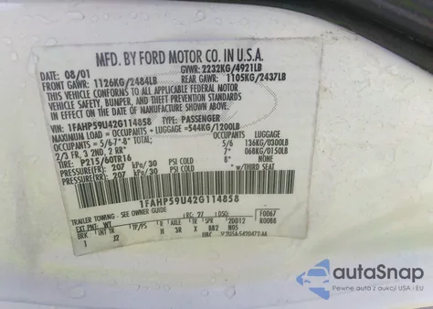 2002 Ford Taurus Sel from USA, damaged, VIN 1FAHP59U42G114858